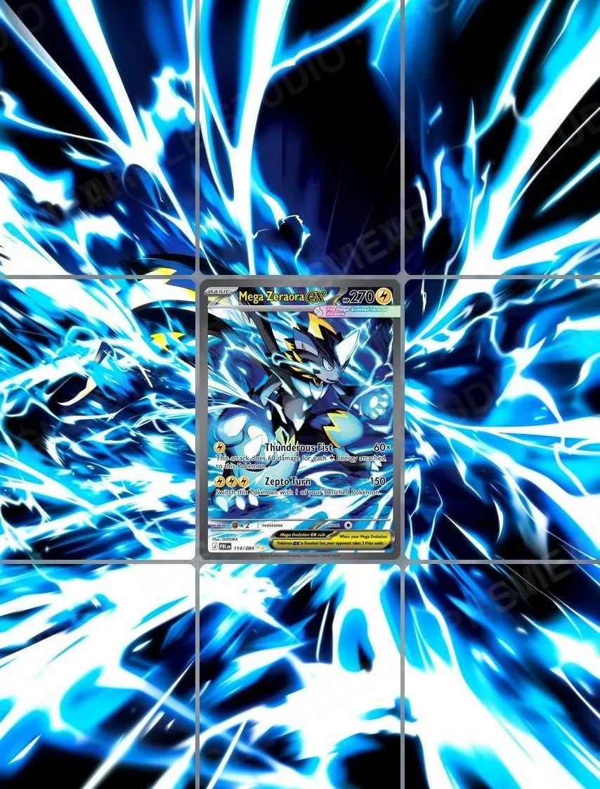Mega Zeraora ex — the 9-pocket binder page with the real card in the centre