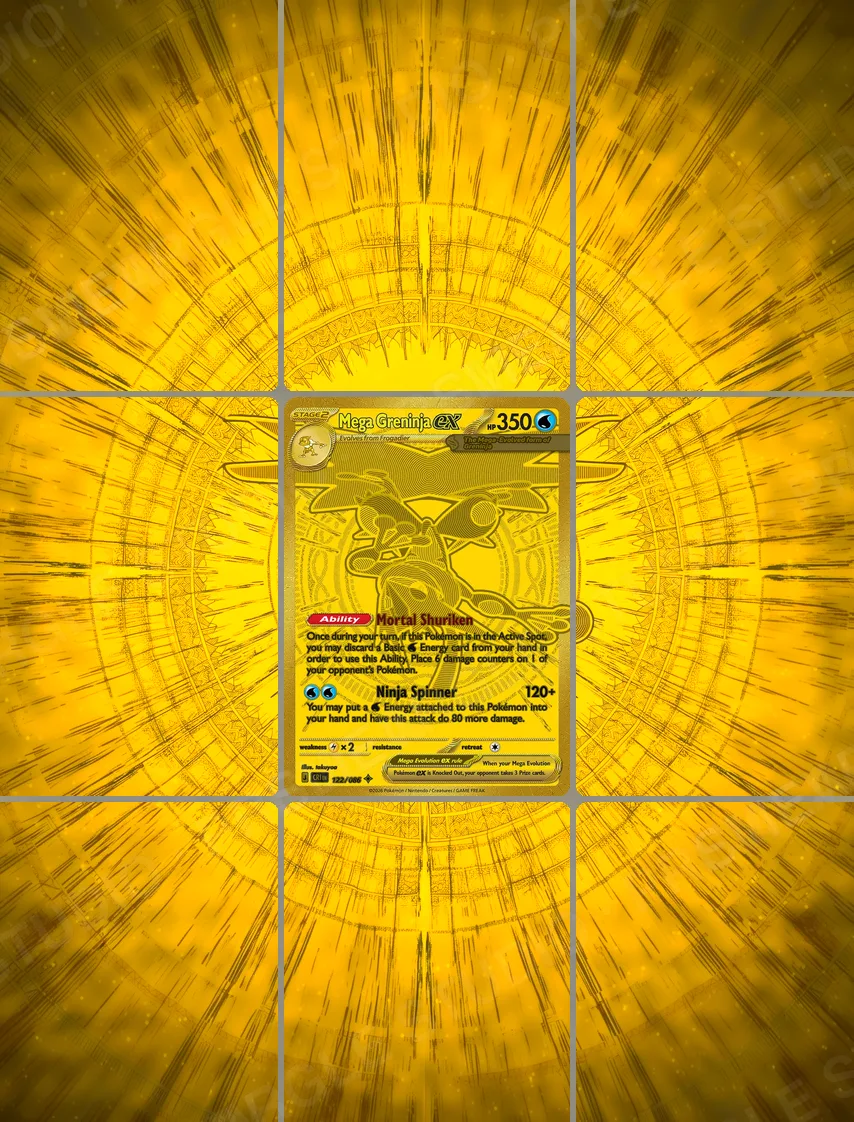 Mega Greninja ex — the 9-pocket binder page with the real card in the centre