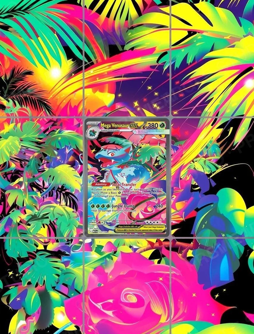 Mega Venusaur ex — the 9-pocket binder page with the real card in the centre