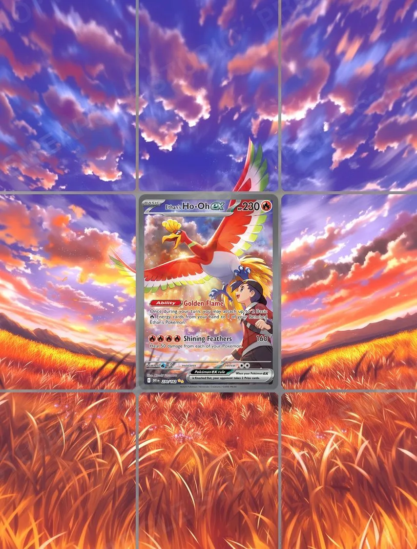 Ethan's Ho-Oh ex — the 9-pocket binder page with the real card in the centre