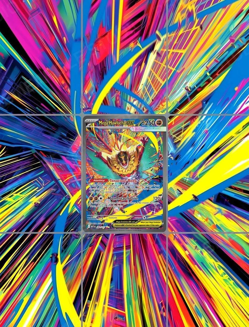 Mega Hawlucha ex — the 9-pocket binder page with the real card in the centre