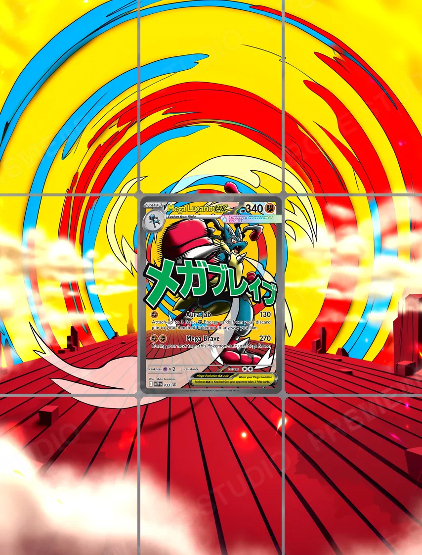 Mega Lucario ex — the 9-pocket binder page with the real card in the centre